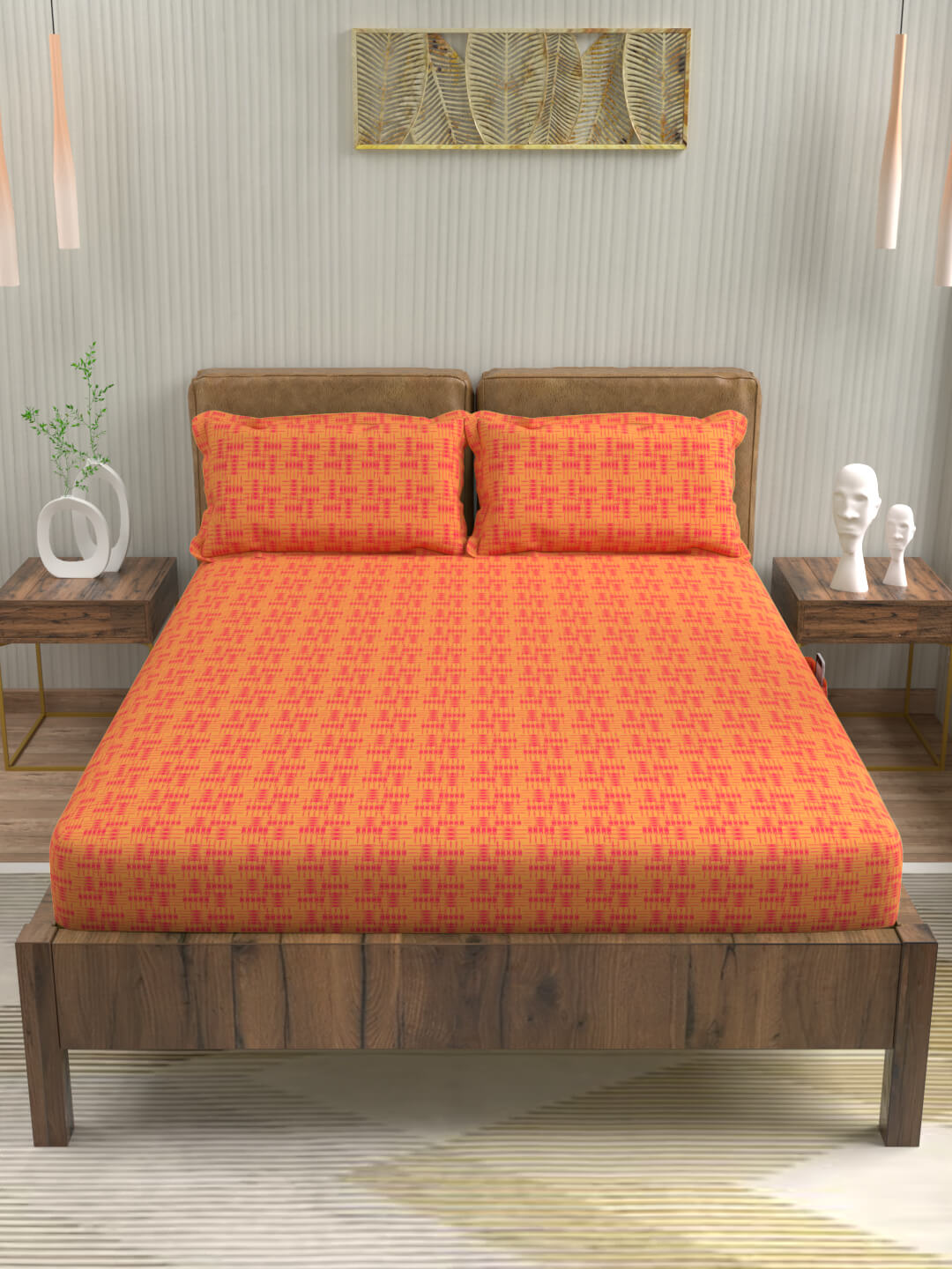 buy geometric orange cotton double bed fitted bedsheets online – front view